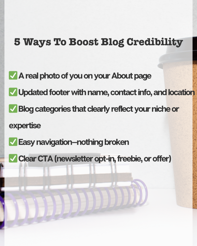 Blog Credibility boost text over image of coffee cup and notebooks